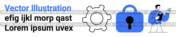 Gear, padlock symbol, and a figure holding documents. Ideal for business strategies, staff management, data security, IT services, corporate training, onboarding, and digital privacy. Banner. Business concept with staff management, security gear, and data privacy directives for corporate application. Стоковая иллюстрация, агентство Ingram Publishing / Фотобанк Лори