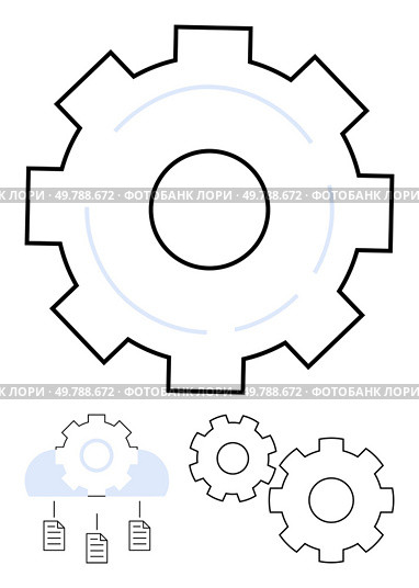 Gears indicating cloud computing and data storage connected with documents. Ideal for technology, cloud computing, automation, data management, workflow, business strategy, and digital. Gear icons representing cloud data management and seamless connection across digital workflows. Стоковая иллюстрация, агентство Ingram Publishing / Фотобанк Лори