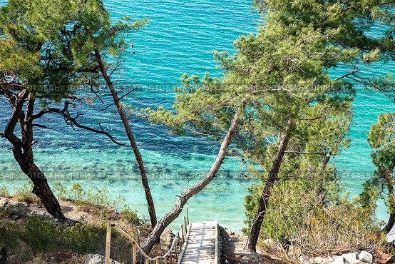 Геленджик, спуск к морю, 278 ступеней. Beautiful sunny scenic landscape of Black Sea coast at summer. Seaside scenery with sea bottom viewed through clear blue water and steep rocky cliff on foreground. Стоковое фото, фотограф Ирина Михайличенко / Фотобанк Лори