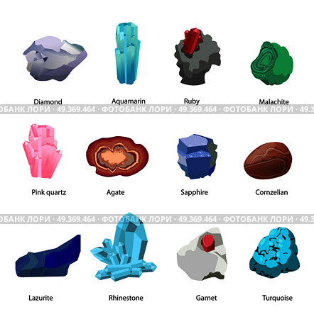 Gems precious stones set. Diamond, aquamarine, ruby, malachite, pink quartz, agate, sapphire, carnelian, lazurite, rhinestone garnet turquoise Shiny jewels collection Emeralds In flat style Vector. Gems Precious Stones Set. Shiny Jewels Collection. Стоковая иллюстрация, агентство Ingram Publishing / Фотобанк Лори