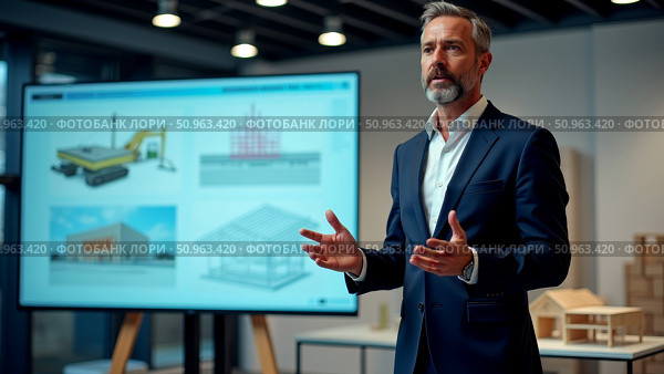 General manager of major construction company gives keynote presentation in sleek office space. Стоковое AI-изображение, AI-художник Сергей Бирюков / Фотобанк Лори