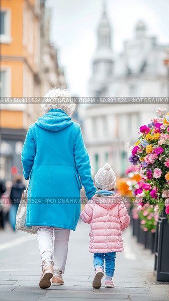 Generational bond: Grandmother and granddaughter stroll through a vibrant city street, hand in hand. Стоковое AI-изображение, AI-художник Данила Большаков / Фотобанк Лори