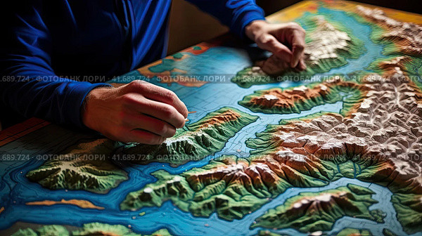 Geographer exploring the terrain on the model. Стоковое AI-изображение, AI-художник Кирилл Черезов / Фотобанк Лори