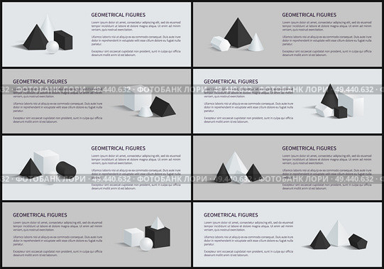 Geometrical figures and text sample, pyramid and blunted cone, sphere and cuboid, prisms and geometrical figures set, isolated on vector illustration. Geometrical Figures and Text Vector Illustration. Стоковая иллюстрация, агентство Ingram Publishing / Фотобанк Лори