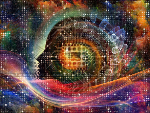 Geometry of the Soul series two. Interplay of human profile and abstract elements on the subject of spirituality, science, creativity and human mind. Стоковое фото, агентство Ingram Publishing / Фотобанк Лори