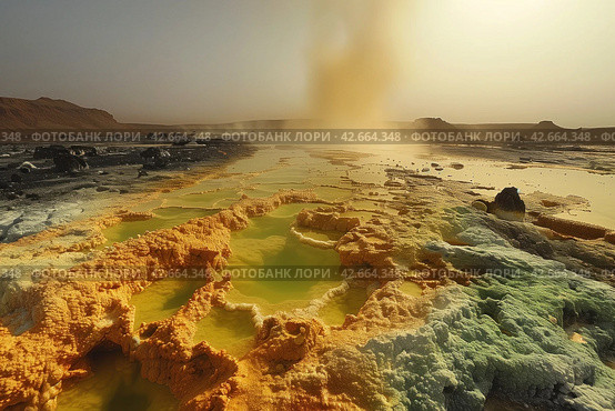 Geothermal water outlet with yellow mineral deposits in desert volcanic area. Стоковое AI-изображение, AI-художник Евгений Харитонов / Фотобанк Лори