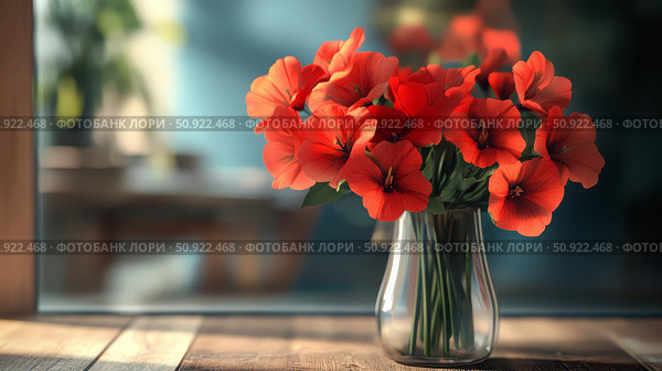 geraniums red flowers in vase ai generated. Стоковое AI-изображение, AI-художник Vectorwin / Фотобанк Лори