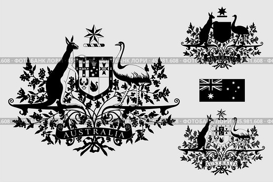 Герб и флаг Австралии. Гравировка. The coat of arms of Australia. Flag. Engraving print. Редакционная иллюстрация, иллюстратор Гербы Флаги / Фотобанк Лори