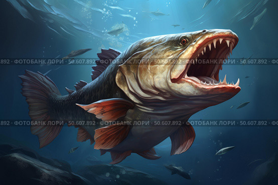 Giant prehistoric fish swimming in deep ocean with open mouth showing sharp teeth. Стоковое AI-изображение, AI-художник Иван Рябоконь / Фотобанк Лори