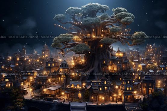 Giant tree sheltering illuminated city at night. Стоковое AI-изображение, AI-художник Иван Рябоконь / Фотобанк Лори