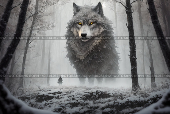 Giant wolf, warg Fenrir, looking at you trough snow covered trees in the northern forest at twilight. AI generated. Стоковое AI-изображение, AI-художник Сергей Старуш / Фотобанк Лори