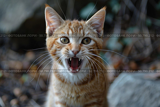 Ginger kitten meowing outdoors with mouth open wide. Стоковое AI-изображение, AI-художник Иван Рябоконь / Фотобанк Лори