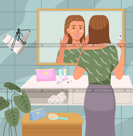 Girl doing morning routine in the bathroom. Woman stands with a syringe to inject into the face. Female character looking in the mirror and applying skin care product. Girl improves skin condition. Girl doing morning routine in the bathroom. Woman stands with a syringe to inject into the face. Стоковая иллюстрация, агентство Ingram Publishing / Фотобанк Лори