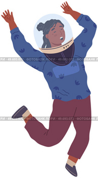 Girl dressed as astronaut at costume party. Outfit for holiday in cosmic style. Lady wearing spacesuit helmet and gloves raising hands and dancing. Happy female character in costume of space explorer. Lady wearing spacesuit helmet and gloves dancing. Girl dressed as astronaut at costume party. Стоковая иллюстрация, агентство Ingram Publishing / Фотобанк Лори