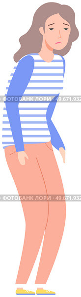Girl gets upset about some event with her bent back. Disappointed, melancholy female cartoon character isolated on white background. Woman stands with displeased expression on her face in sad pose. Disappointed, melancholy female character with displeased expression on her face in sad pose. Стоковая иллюстрация, агентство Ingram Publishing / Фотобанк Лори