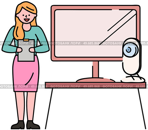 Girl makes presentation in audience. Equipment for work and study, computer and webcam. Lady tells results of research near monitor. Woman showing project presentation on screen while recording video. Woman showing project ion on screen while recording video. Girl makes presentation in audience. Стоковая иллюстрация, агентство Ingram Publishing / Фотобанк Лори