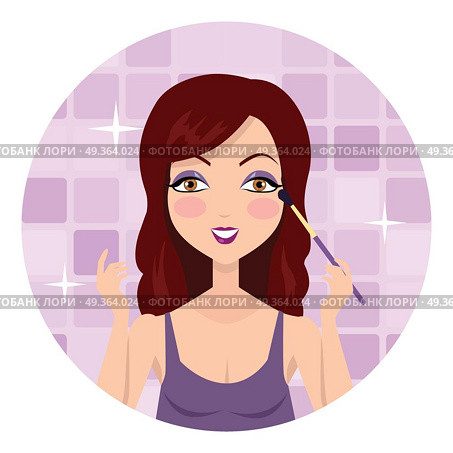 Girl Making Make up with Eyeshadow Brush.. Girl making make up with eyeshadow brush. Using colored cosmetics in powder form, applied to eyelids or to skin around eyes to accentuate them. Part of series of ladies face care. Vector. Стоковая иллюстрация, агентство Ingram Publishing / Фотобанк Лори