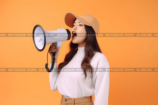 Girl megaphone speak on orange background. Generate Ai. Стоковое AI-изображение, AI-художник Иван Рябоконь / Фотобанк Лори