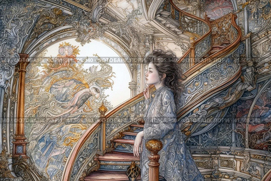 Girl on a fabulous spiral staircase in an old mansion, watercolor style, Generative AI. Стоковое AI-изображение, AI-художник Анна Кривицкая / Фотобанк Лори