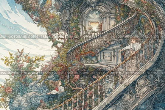 Girl on a fabulous spiral staircase in an old mansion, watercolor style, Generative AI. Стоковое AI-изображение, AI-художник Анна Кривицкая / Фотобанк Лори