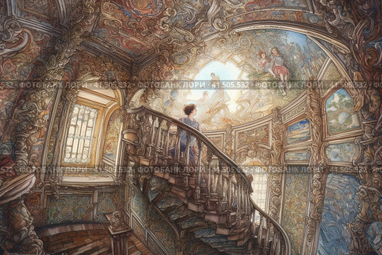 Girl on a fabulous spiral staircase in an old mansion, watercolor style, Generative AI. Стоковое AI-изображение, AI-художник Анна Кривицкая / Фотобанк Лори