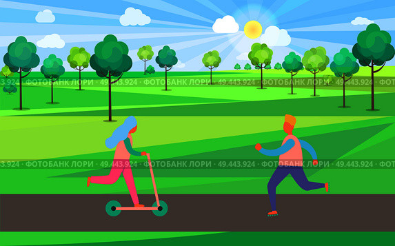 Girl on kick scooter and guy on skate rollers running towards each other. Background of vector illustration is summertime sunny green park with tall trees. People on Kick Scooter and Skate Rollers in Park. Стоковая иллюстрация, агентство Ingram Publishing / Фотобанк Лори