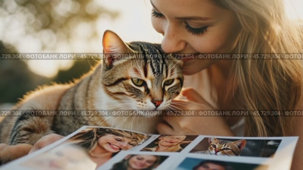 Girl showing printed photos to her lovely cat in a park. Стоковое AI-видео, аниматор Юрий Поздников / Фотобанк Лори