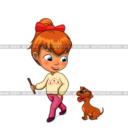 Girl walking dog and playing together, young woman with wooden stick in hand, doggy wagging its tail, passtime vector illustration isolated on white background. Girl Walking Dog and Playing Vector Illustration. Стоковая иллюстрация, агентство Ingram Publishing / Фотобанк Лори