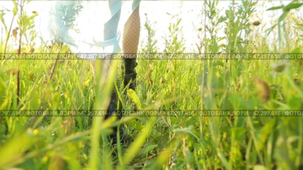girl walking through a meadow and loops through wildflowers. Стоковое видео, видеограф Алексей Сергеев / Фотобанк Лори