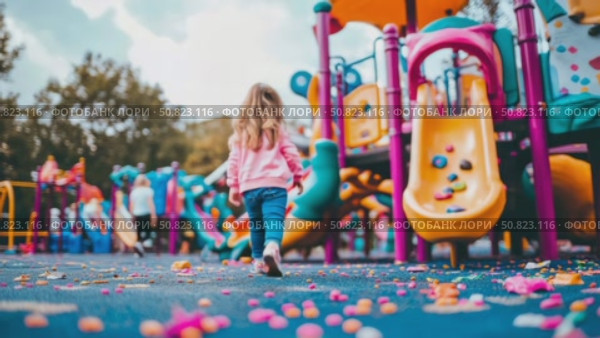 Girl walks toward playground's cheerful hues, a child's adventure awaits. Стоковое AI-видео, аниматор Данила Большаков / Фотобанк Лори