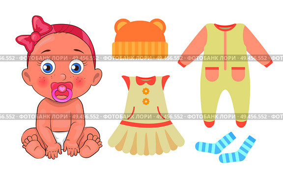 Girl with comforter in mouth wearing diaper, collection of clothes items, dress and jumper, eared hat blue socks set isolated on vector illustration. Girl with Comforter, Clothes Vector Illustration. Стоковая иллюстрация, агентство Ingram Publishing / Фотобанк Лори
