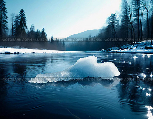 Glacial remnants drift lazily along a glassy river, reflecting soft sunlight and surrounded by a lush forest. Spring whispers as nature awakens, inviting warmth Generative AI. Стоковое AI-изображение, AI-художник Юлия Петровская / Фотобанк Лори