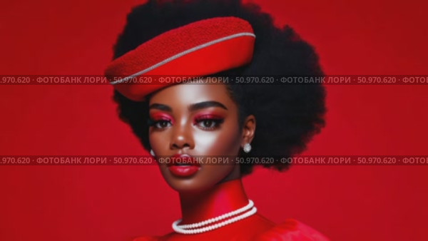 Glamorous studio depiction of a confident woman wearing a red hat, matching makeup, and lustrous pearls. Стоковое AI-видео, аниматор Данила Большаков / Фотобанк Лори