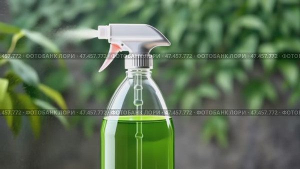 Glass Cleaner Spray Spraying Dispersion Pulverizer on a background of green leaves and tree bark. Eco friendly product. Стоковое AI-видео, аниматор Ирина Старикова / Фотобанк Лори