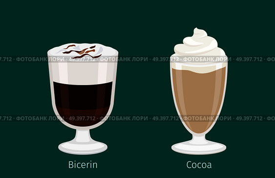 Glass cup with cocoa flat vector. Sweet invigorating drinks with caffeine. Tasty bicerin with cream, hot chocolate and nasty additives illustration for coffee house and cafe menu design. Стоковая иллюстрация, агентство Ingram Publishing / Фотобанк Лори
