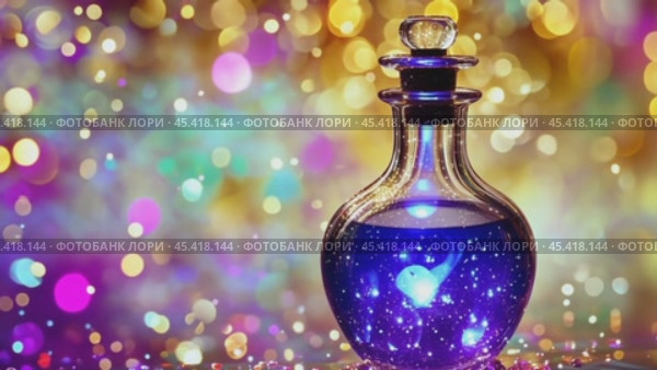 Glass decanter with glowing purple magic potion on a sparkling colorful background. Стоковое AI-видео, аниматор Юрий Поздников / Фотобанк Лори