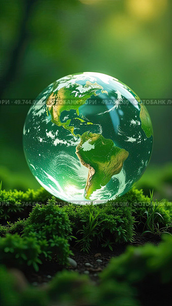 Glass glowing sphere of planet Earth in forest is a ball with an internal microclimate, a clean environment, protecting the ecology of the planet. AI generated. Стоковое AI-изображение, AI-художник Ольга Симонова / Фотобанк Лори