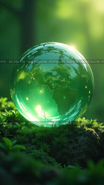 Glass glowing sphere of planet Earth in forest is a ball with an internal microclimate, a clean environment, protecting the ecology of the planet. AI generated. Стоковое AI-изображение, AI-художник Ольга Симонова / Фотобанк Лори