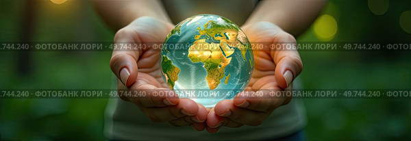 Glass glowing sphere of planet Earth In palms of hands is a ball with internal microclimate, caring for planet, clean environment, protecting ecology, geography, continents, travel. AI generated. Стоковое AI-изображение, AI-художник Ольга Симонова / Фотобанк Лори