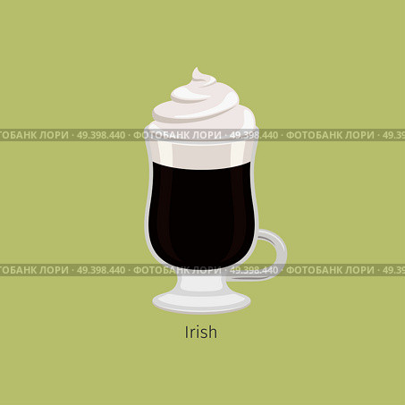 Glass irish mug with aromatic coffee flat vector. Hot invigorating drink with caffeine. Cocktail with alcohol, black coffee and ice cream or whipped cream on top illustration for web, cafe menus. Стоковая иллюстрация, агентство Ingram Publishing / Фотобанк Лори