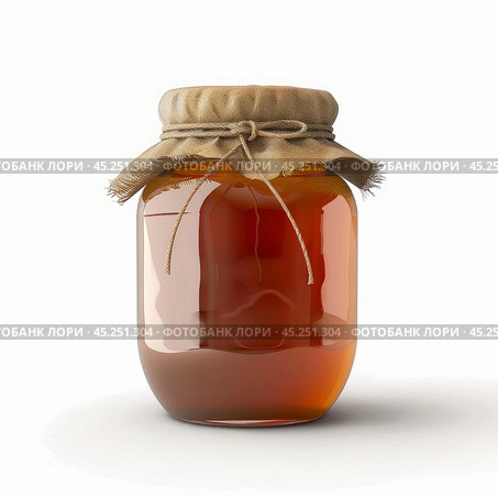 Glass jar filled with honey and covered with hessian cloth on white background. Стоковое AI-изображение, AI-художник Иван Рябоконь / Фотобанк Лори