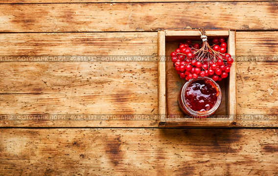 Glass jar with jam and fresh viburnum berries. Berry jam in a jar. Стоковое фото, агентство Ingram Publishing / Фотобанк Лори