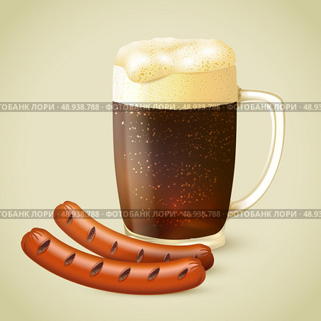 Glass mug of cold dark porter stout beer with froth and grilled sausage emblem vector illustration. Стоковая иллюстрация, агентство Ingram Publishing / Фотобанк Лори