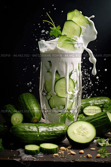Glass of milk with fresh cucumber. Стоковое AI-изображение, AI-художник Veniamin Kraskov / Фотобанк Лори