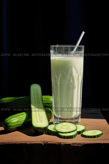 Glass of milk with fresh cucumber. Стоковое AI-изображение, AI-художник Veniamin Kraskov / Фотобанк Лори