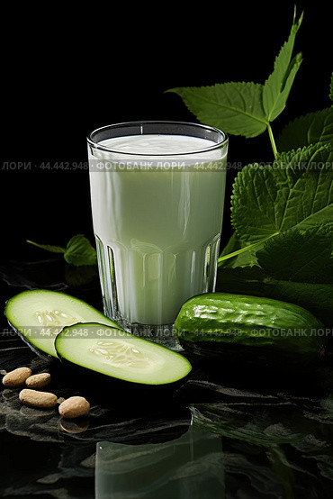 Glass of milk with fresh cucumber. Стоковое AI-изображение, AI-художник Veniamin Kraskov / Фотобанк Лори