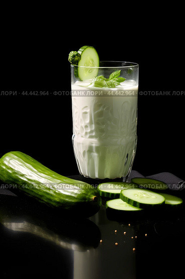 Glass of milk with fresh cucumber. Стоковое AI-изображение, AI-художник Veniamin Kraskov / Фотобанк Лори