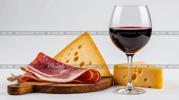 Glass of red wine with cheese and ham on white nackground. Стоковое AI-изображение, AI-художник Денис Глагазин / Фотобанк Лори
