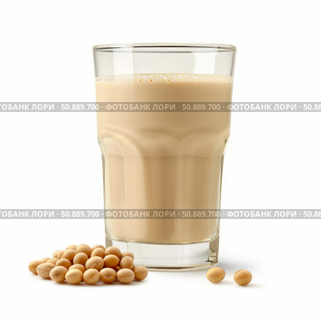 Glass of soy milk with soybeans on white background. Стоковое AI-изображение, AI-художник Иван Рябоконь / Фотобанк Лори