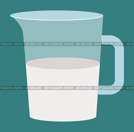 Glass or plastic beaker with white liquid inside. Vessel with dairy milk or kefir inside used in cooking and food preparation. Healthy and organic fluid produced by mammal. Vector illustration in flat. Healthy and Organic Liquid, Dairy Milk in Beaker. Стоковая иллюстрация, агентство Ingram Publishing / Фотобанк Лори